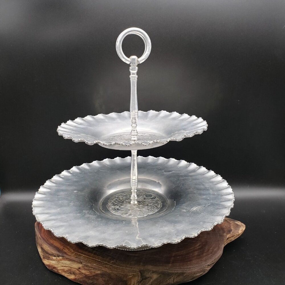 Vintage Cromwell Hand Wrought Aluminum 2 Tier Tidbit Tray Fruit Design 11"